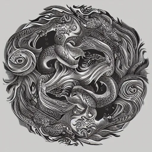 Image similar to a ying yang formed of a phoenix and a dragon, ornate, highly detailed.