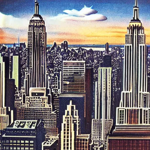 Image similar to new york skyline 1 9 7 0 s scifi art