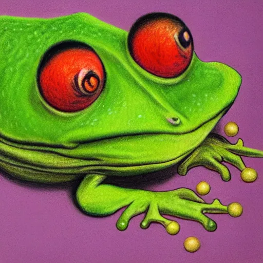 Image similar to zuma frog shooting balls from its mouth, with a colored ball on its back, surrealist pastel drawing