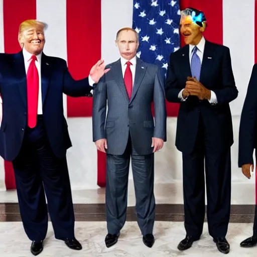 Prompt: putin, trump, obama and bush having a lightsaber battle and smiling