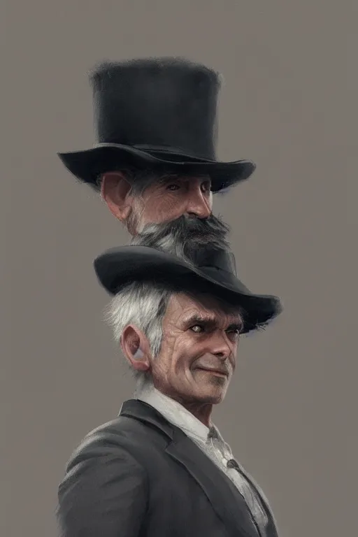 Image similar to a grey hair old halfling with stubble no beard top hat and suit by Greg Rutkowski, painting, portrait, HD, high details, trending on artstation