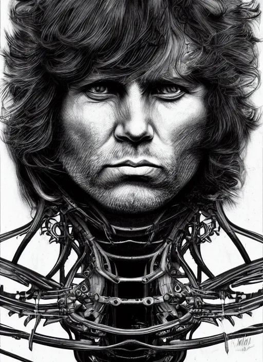 Prompt: Jim Morrison by Yoshitaka Amano, by HR Giger, biomechanical, profile portrait, 4k, wide ayes, hyper detailed, hyperrealism, anime