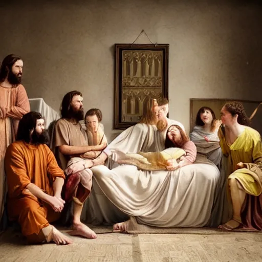 Prompt: a professional studio photographic reenactment of a classic biblical painting in the style of Wes Anderson and Bjork