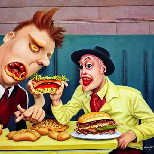 Image similar to beautiful lifelike painting of grave jones and johnny rotten eating burgers in france, hyperreal detailed facial features and uv lighting, art by ed roth and basil wolverton