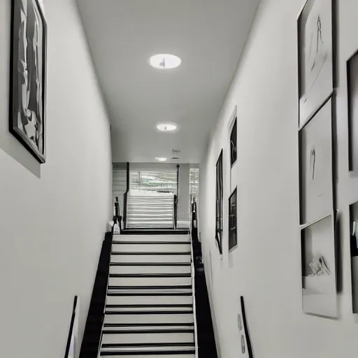 Image similar to photo of randomly connected corridors, stairs and rooms. ceramic white tiles on all the walls.