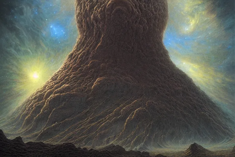 Image similar to a galactic size imposing creature made out of dark space matter consuming a planet. art by tomasz alen kopera and gaston bussiere.