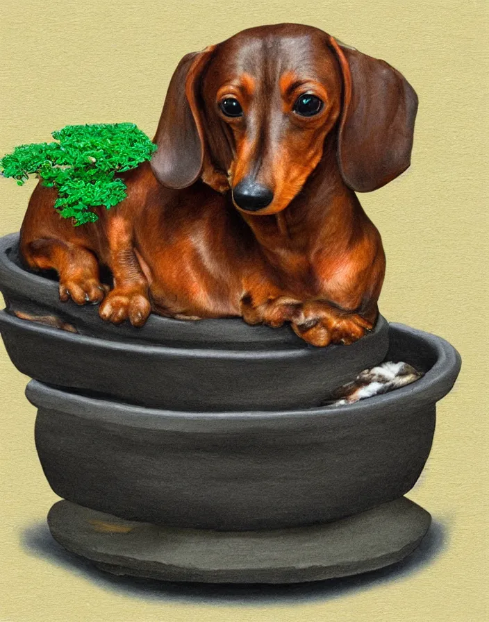 Prompt: dachshund bonsai in a bonsai pot, hyperrealism, high detail