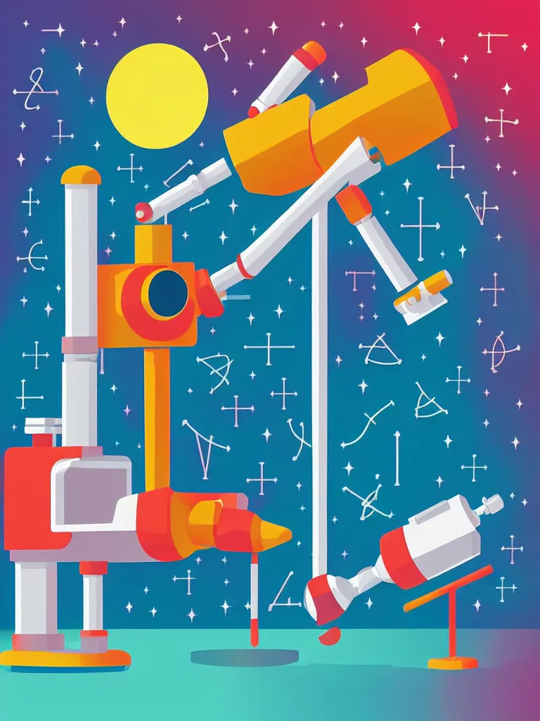 Image similar to editorial illustration scientific lab test tube telescope microscope spaceship, colorful modern, mads berg