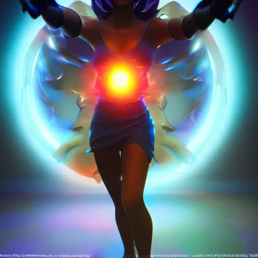 Image similar to a powerful goddess woman floating with a glowing orb of blue power in her hand, trending on artstation, colourful, powerful, dark, mysterious, unreal engine 5