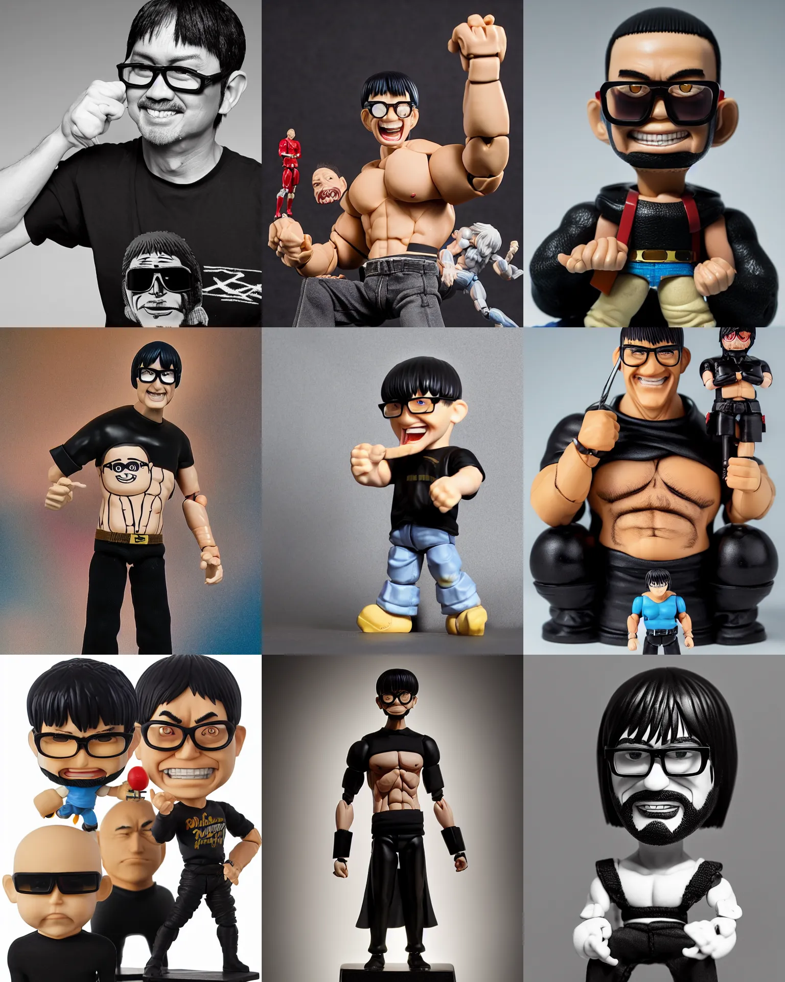 Prompt: product photography, dramatic light, plastic action figure of a buff smiling man with long stubble, muscular neck, rectangular square shaped glasses and a black bowl cut, wearing a black tshirt by kim jung gi, ric estrada, ron english and eiichiro oda