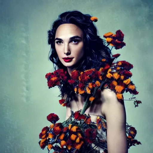 Image similar to full body fine art photo of the beauty gal gadot, she has a crown of dried flowers and is wearing a fashionist conceptaul dress made of dried roses, taken by oleg oprisco