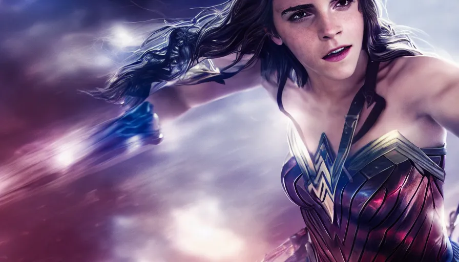 Prompt: Emma Watson is Wonder Woman, hyperdetailed, artstation, cgsociety, 8k