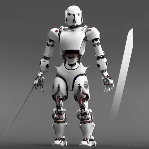 Image similar to white robot berserker cyborg full body shot with sword and blood oil style expressionism, ultra realistic, high quality octane render blender 8 k