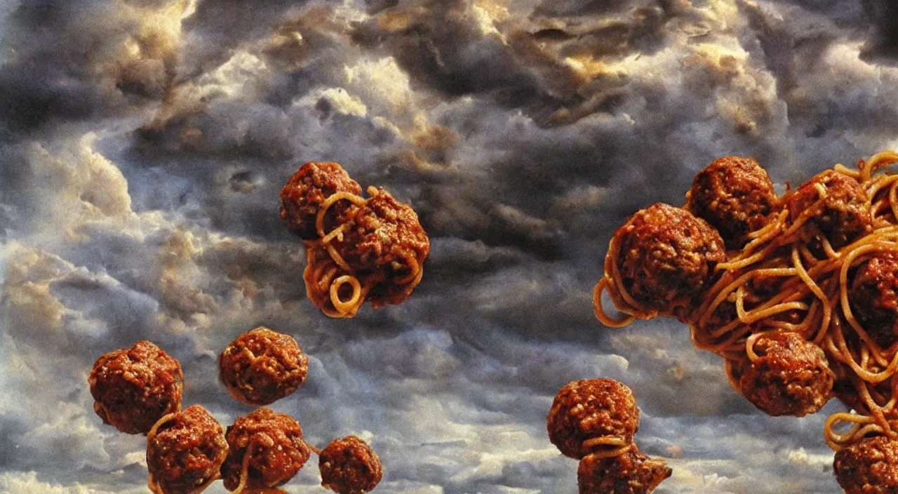 Image similar to spaghetti bolognesa with meatballs and hundred rusted perfect woman bodies flying in stormy clouds by dali, hyper - realism