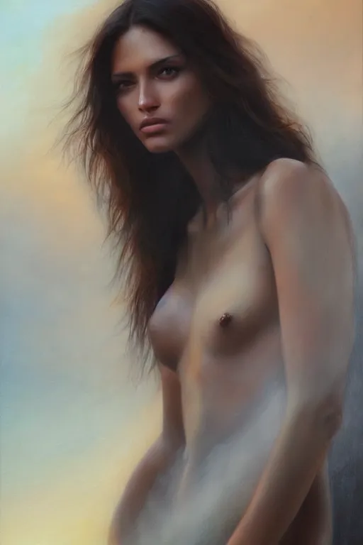 Prompt: A beautiful oil painting of a Brazilan Supermodel, olive skin, long dark hair, beautiful bone structure, intricate, elegant, fog, volumetric lighting, summer, hyperrealistic, colorful, hyperdetailed.