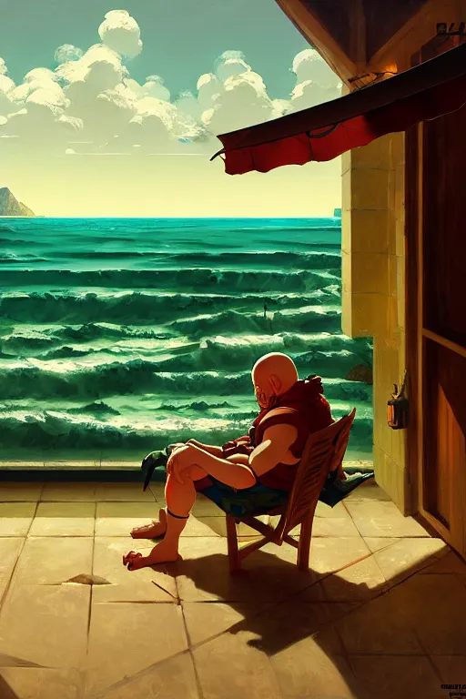 Prompt: baroque oil painting of anime key visual concept art of doom guy relaxing in a beachside resort, acrylic painting, trending on pixiv fanbox, palette knife and brush strokes, style of makoto shinkai jamie wyeth james gilleard edward hopper greg rutkowski studio ghibli genshin impact