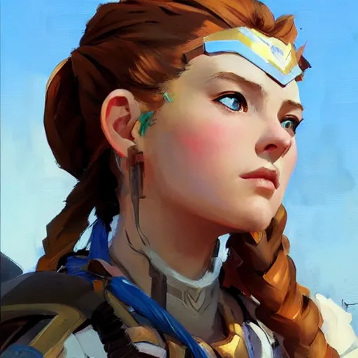 Image similar to greg manchess portrait painting of a aloy as overwatch character, medium shot, asymmetrical, profile picture, organic painting, sunny day, matte painting, bold shapes, hard edges, street art, trending on artstation, by huang guangjian and gil elvgren and sachin teng