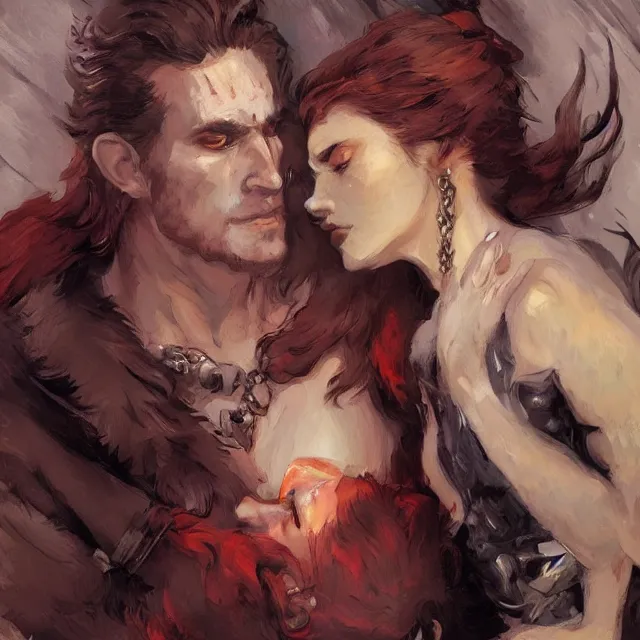 Image similar to book cover for a werewolf and red headed woman love story, portrait, elegant, intricate, digital painting, artstation, concept art, smooth, sharp focus, illustration, art by konstantin korovin and daniel f. gerhartz and john howe