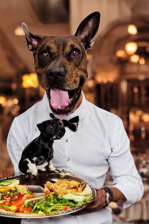 Prompt: a dog - headed waiter holding a plate of food