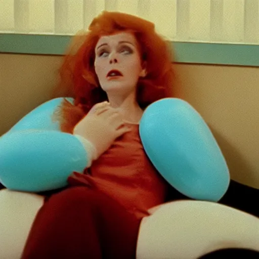 Image similar to still from a 1993 arthouse film about a depressed housewife dressed as a squishy inflatable toy who meets a handsome younger man in a seedy motel room, color film, 16mm soft light, art on the wall