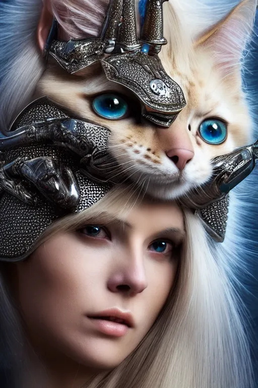 Image similar to female knight wearing a real cat on her head, armor designed by wayne barlowe, swarovski and tiffany, blonde hair, symmetry, sci - fi, cinematic, elegant, luxury, perfect light, perfect composition, dlsr photography, sharp focus, dark fantasy, 8 k, ultra hd, sense of awe, highly detailed, realistic, intricate