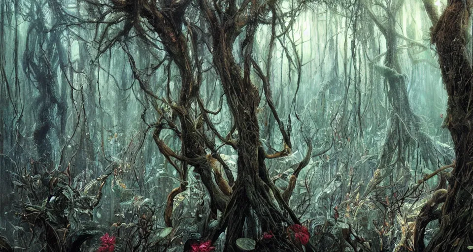 Image similar to A dense and dark enchanted forest with a swamp, by Karol Bak, by Gainax Co,