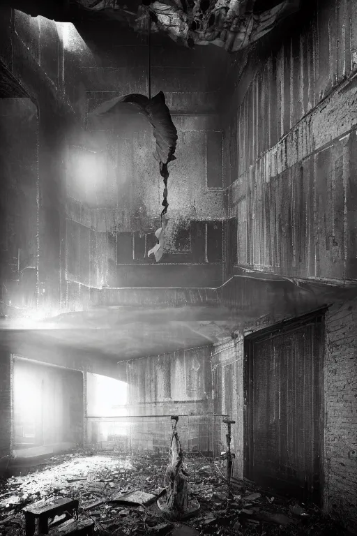 Prompt: desaturated set design for transcendental horror film set in abandoned basement, the basement is transformed into a HEAVENLY interior inspired by near-death-experiences, everything is built with salvaged industrial materials, CARDBOARD TUNNELS, glittering light and lens flares, ASYMMETRICAL irregular brutalist blackmetal spiraling jagged winged sculpture made of glossy black liquid latex and industrial hardware, blackened brutalist style, designed by rick owens, helmut lang, nancy grossman, anish kapoor, 8k, photorealistic, sharp focus, highly textured and hyperdetailed, 8mm fisheye lens, dutch angle