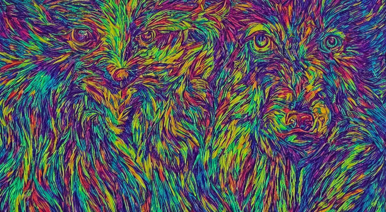 Prompt: an ultrafine detailed psychedelic painting of a werewolf made of beads and silver