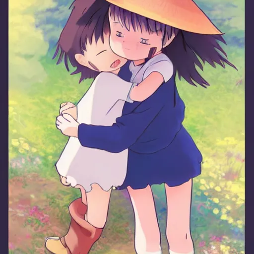 Prompt: an adorable anime girl wearing a sunhat hugging a goose, studio ghibli, artstation, very very very very cute