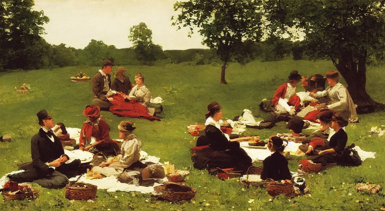 Image similar to the picnic, in Pennsylvania, 1850, painting by Winslow Homer, oil on canvas