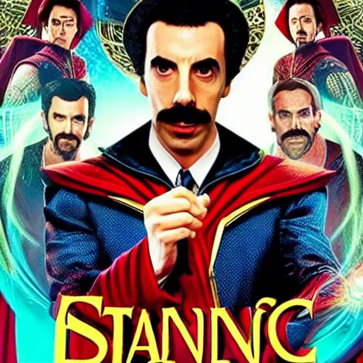 Image similar to “borat as dr strange, poster, highly detailed, dynamic poster, marvel, sci-fi, super heroes, concept art, borat, Sacha Baron Cohen”