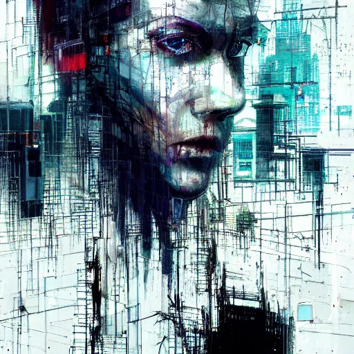 Image similar to a cyberpunk, wires, machines, in a dark future city by jeremy mann, francis bacon and agnes cecile, ink drips, paint smears, digital glitches glitchart c - 1 0