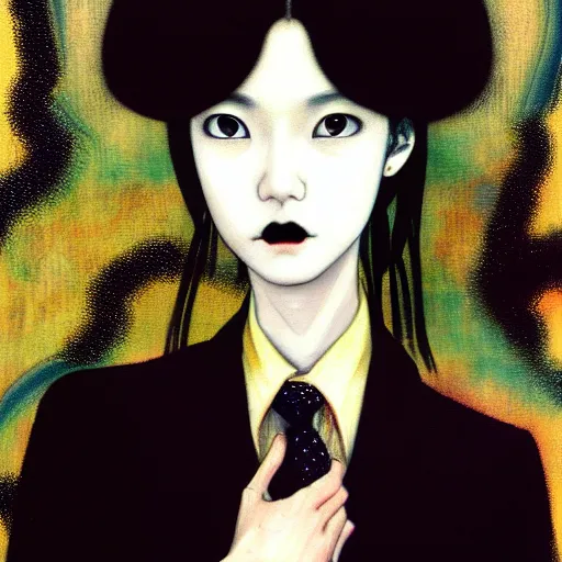 Image similar to yoshitaka amano blurred and dreamy realistic three quarter angle portrait of a young woman with black lipstick and black eyes wearing dress suit with tie, junji ito abstract patterns in the background, satoshi kon anime, noisy film grain effect, highly detailed, renaissance oil painting, weird portrait angle, blurred lost edges