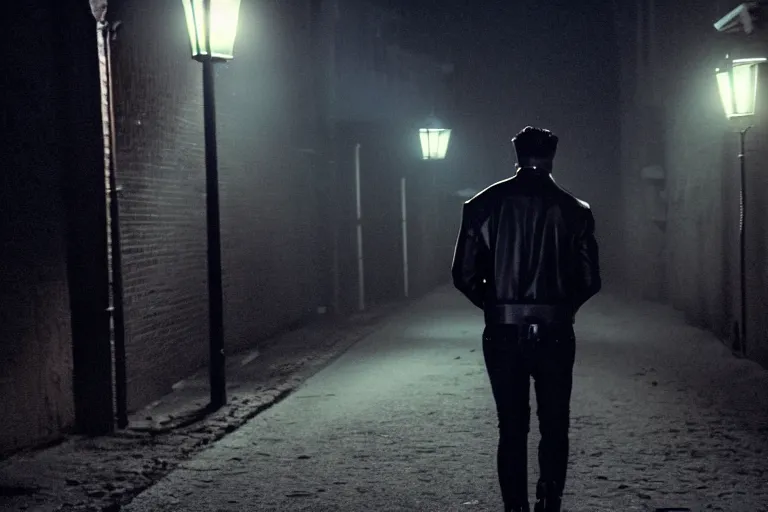 Image similar to movie shot of young man from back pacing lowering head dressed in short leather bomber jacket to empty narrow alley with street lamps in park with pines to the horizon, with hands in pockets, snowfall at night, mullet long haircut, black hairs, cinematic, dramatic, detailed, realistic, movie shot, low greenish lighting