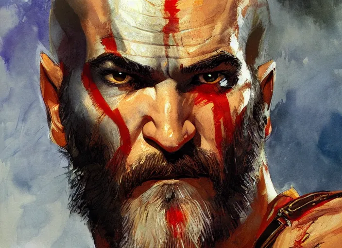 Prompt: a highly detailed beautiful portrait of tarantino as kratos, by gregory manchess, james gurney, james jean