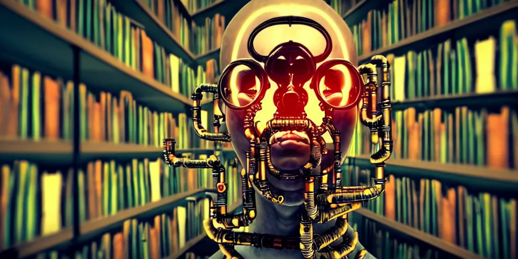 Prompt: A frightening and beautiful cyborg head with pipes and tubes in a library surrounded by books, collecting books with multiple arms, hyperealistic very colourful hdr cinematic lighting cgi render photorealistic cinematic octane render