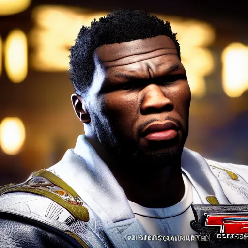 Image similar to a videogame still of 50 Cent in Tekken 7, portrait, 40mm lens, shallow depth of field, close up, split lighting, cinematic