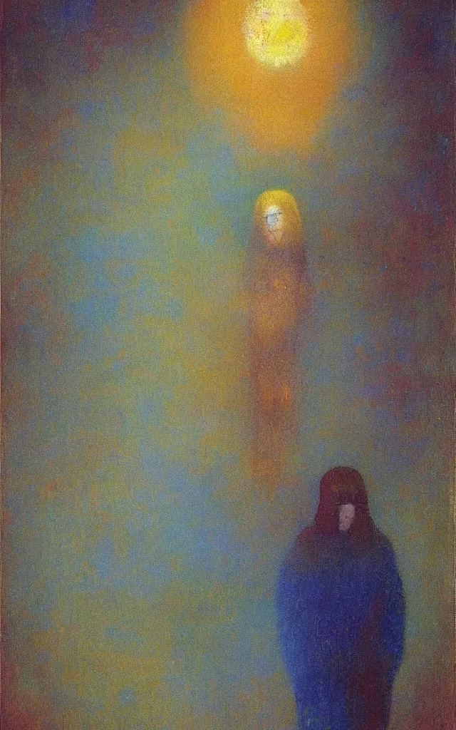 Image similar to iridescent spirit of wrath and fear cruel beautiful spirit with golden eyes lunar mythos ambient fog, award winning oil painting by Odilon Redon, lunar color palette