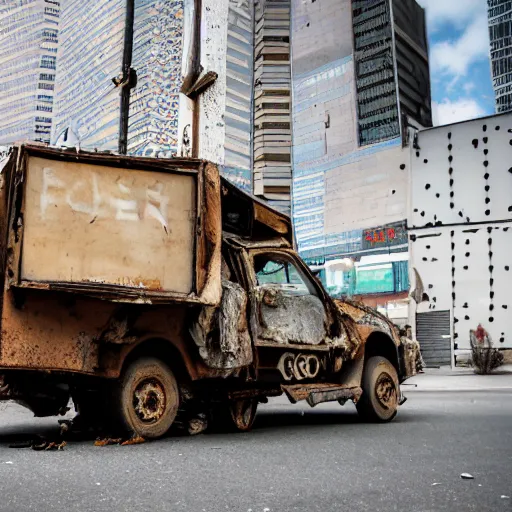 Prompt: box-truck with riveted armor plates in post apocalyptic city downtown, little debris on the road, one bent sign post with rusty danger sign on the side of the road