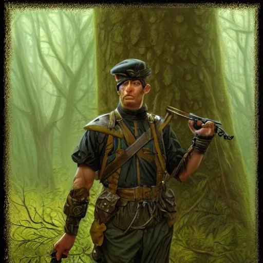 Image similar to male soldier in the forest, by gerald brom!!, D&D, fantasy, intricate, elegant, highly detailed, digital painting, artstation, concept art, matte, sharp focus, illustration