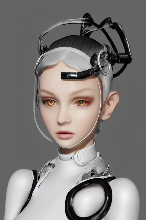 Prompt: very up close portrait, of fashion elegant sophisticated of a translucent cute dainty cyborg lolita girl ， big grey eye, white inflatable carbon fibre bandage jacket, ultra detailed wire decoration, complex golden future mechanical device, micro detail, by nixeu and guweiz weta, sleek curves, intricate sharp focus, trending on artstation hq, deviantart, pinterest, unreal engine