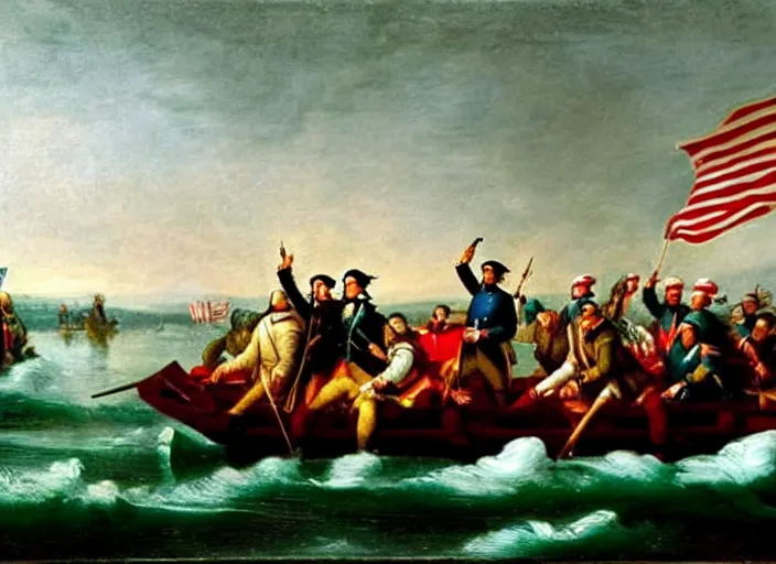 Image similar to oil painting of Washington Crossing the Delaware but everyone is looking at cell phones and Washington is taking a selfie