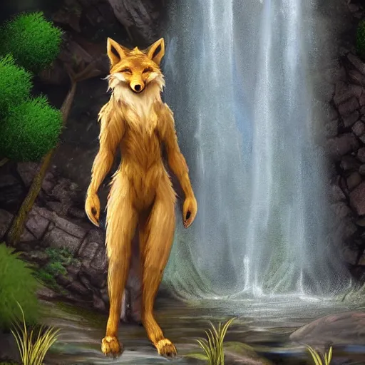 Prompt: fantasy furry art of a noble anthro!!!! werefox standing in front of a waterfall, photorealistic, award winning, FurAffinity