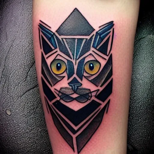 Prompt: a geometric tattoo of a siamese cat with blue eyes