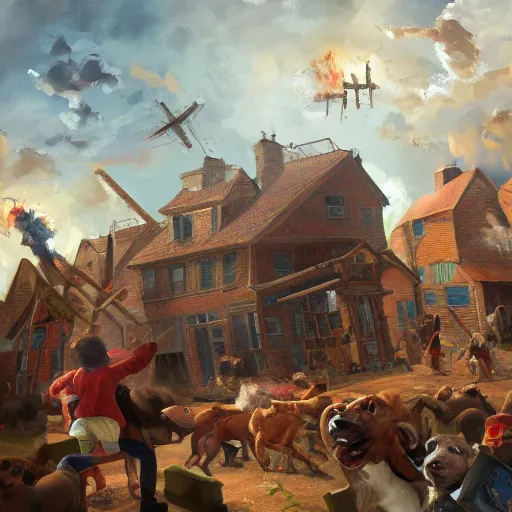 Prompt: a highly detailed oil painting of a giant dog smashing houses, dog, canine, renaissance, bystanders watching from the sides, 4 k, by ariduka 5 5, monokubo, artstation,