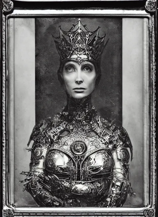 Image similar to old wetplate daguerreotype frame portrait of a futuristic silver armored pretty queen elisabeth emperor district 9 cyborg, fractal, intricate, elegant, highly detailed, subsurface scattering, by jheronimus bosch and greg rutkowski and louis jacques mande daguerre