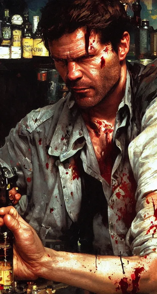 Image similar to close up of bloodied max payne pouring a drink, sun shining, photo realistic illustration by greg rutkowski, thomas kindkade, alphonse mucha, loish, norman rockwell.