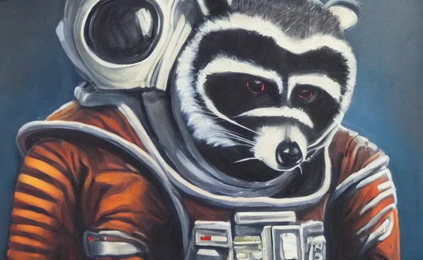 Prompt: oil painting of a racoon in a astronaut suit with helmet, 35mm, photo, Epic, cinematic