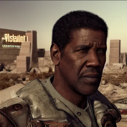 Prompt: Denzel Washington in fallout new vegas, movie still, face close-up, in color, detailed face, 4k