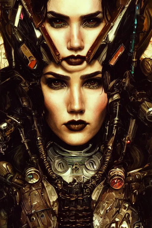 Image similar to portrait of young beautiful gothic Jennifer Connelly, cyberpunk, Warhammer, highly detailed, artstation, illustration, art by Gustav Klimt